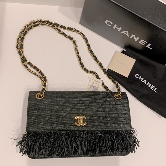 CHANEL 🖤 RARE Vintage Raffia Hemp Straw Quilted Flap Fringe Raw Edge Real Gold - Picture 13 of 16